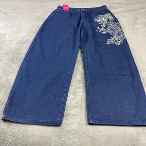 Emmiol Baggy Jeans XL Blue Wide Leg Graphic Print Embroidered Streetwear hip hop